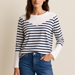 Among Nautical Sailor Stripe Colorblock Long Sleeve Top White Navy Small Preppy